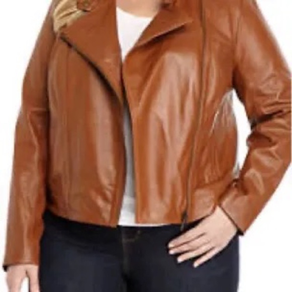 MICHAEL Michael Kors Leather Moto Jacket in Luggage - Picture 3 of 14